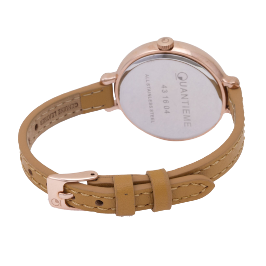 Montre femme, boîte acier doré rose, bracelet cuir et verre minéral
