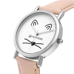 Montre femme, boîte acier, bracelet cuir rose et verre minéral