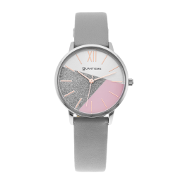 Montre femme, boîte acier, bracelet cuir argenté et verre minéral