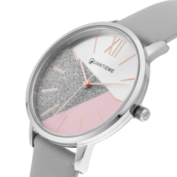 Montre femme, boîte acier, bracelet cuir argenté et verre minéral