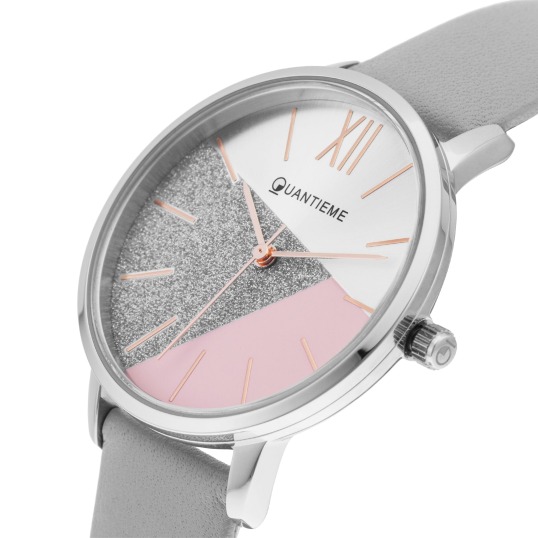 Montre femme, boîte acier, bracelet cuir argenté et verre minéral Montre femme, boîte acier, bracelet cuir argenté et verre minéral