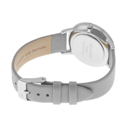 Montre femme, boîte acier, bracelet cuir argenté et verre minéral