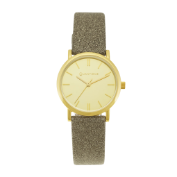 Montre femme, boîte acier doré, bracelet cuir pailleté doré et verre minéral
