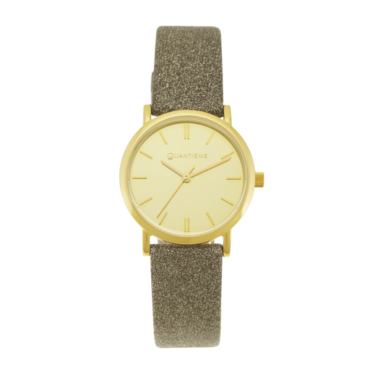 Montre femme, boîte acier doré, bracelet cuir pailleté doré et verre minéral