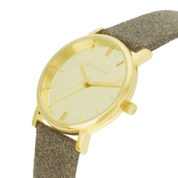 Montre femme, boîte acier doré, bracelet cuir pailleté doré et verre minéral