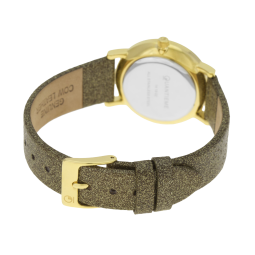 Montre femme, boîte acier doré, bracelet cuir pailleté doré et verre minéral