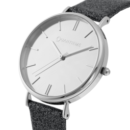 Montre femme, boîte acier, bracelet cuir pailleté noir et verre minéral