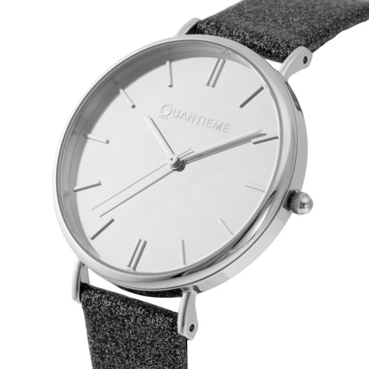 Montre femme, boîte acier, bracelet cuir pailleté noir et verre minéral
