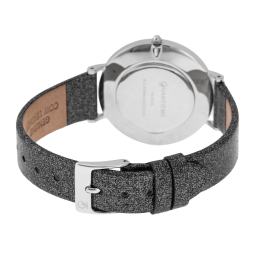 Montre femme, boîte acier, bracelet cuir pailleté noir et verre minéral