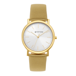 Montre femme, boîte acier doré, bracelet polyuréthane et cuir, verre minéral