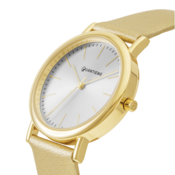 Montre femme, boîte acier doré, bracelet polyuréthane et cuir, verre minéral