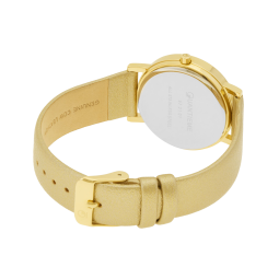 Montre femme, boîte acier doré, bracelet polyuréthane et cuir, verre minéral