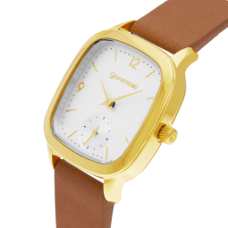 Montre femme, boite acier doré, bracelet cuir et verre minéral