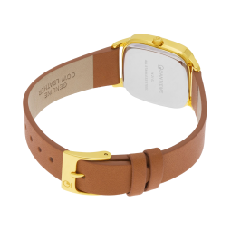 Montre femme, boite acier doré, bracelet cuir et verre minéral