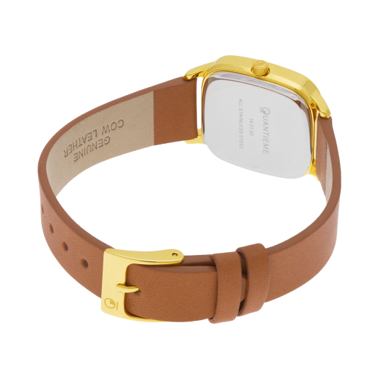 Montre femme, boite acier doré, bracelet cuir et verre minéral