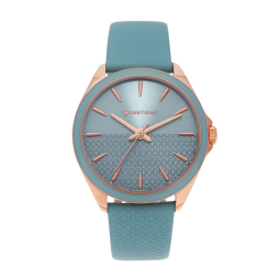 Montre femme, boite acier doré rose, bracelet cuir bleu et verre minéral
