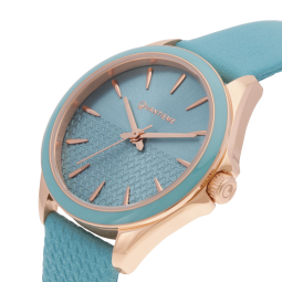 Montre femme, boite acier doré rose, bracelet cuir bleu et verre minéral