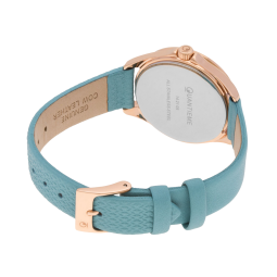 Montre femme, boite acier doré rose, bracelet cuir bleu et verre minéral
