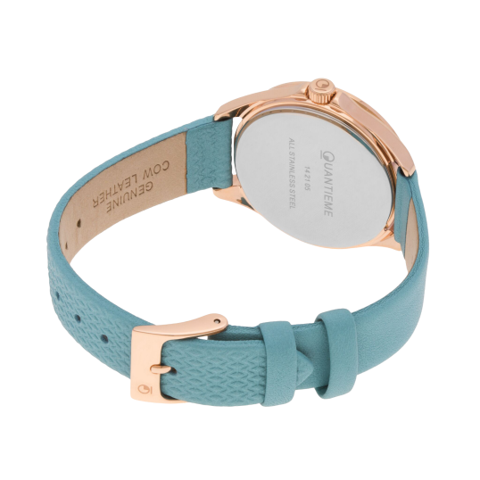 Montre femme, boite acier doré rose, bracelet cuir bleu et verre minéral
