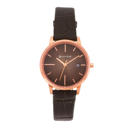 Montre femme, boite en acier doré rose, bracelet en cuir, verre minéral