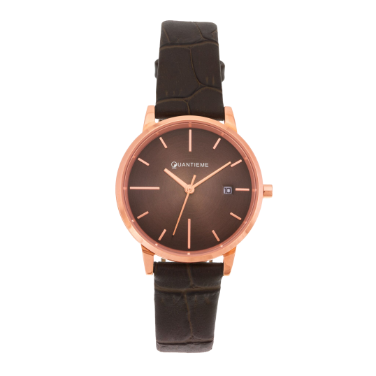 Montre femme, boite en acier doré rose, bracelet en cuir, verre minéral Montre femme, boite en acier doré rose, bracelet en cuir, verre minéral