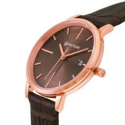 Montre femme, boite en acier doré rose, bracelet en cuir, verre minéral