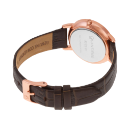 Montre femme, boite en acier doré rose, bracelet en cuir, verre minéral