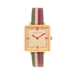 Montre femme, boîte en acier doré, bracelet en cuir et verre minéral