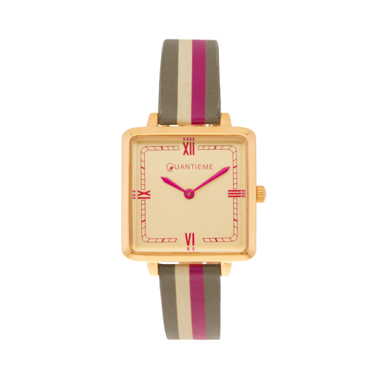 Montre femme, boîte en acier doré, bracelet en cuir et verre minéral