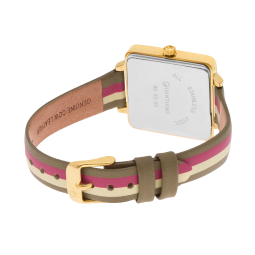 Montre femme, boîte en acier doré, bracelet en cuir et verre minéral