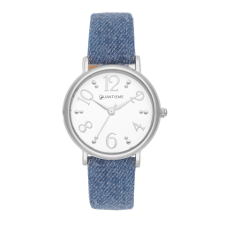 Montre femme, boite en acier, bracelet en cuir et denim, verre minéral