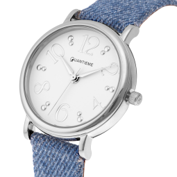 Montre femme, boite en acier, bracelet en cuir et denim, verre minéral