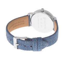 Montre femme, boite en acier, bracelet en cuir et denim, verre minéral