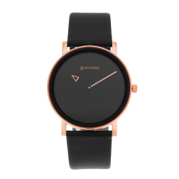 Montre femme, boîte en acier doré rose, bracelet en cuir noir et verre minéral