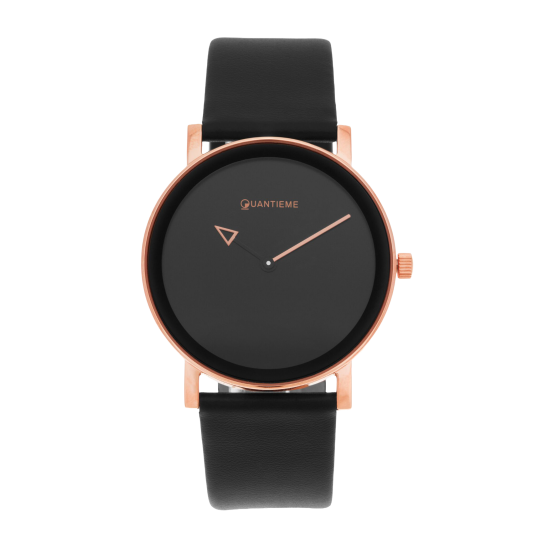 Montre femme, boîte en acier doré rose, bracelet en cuir noir et verre minéral