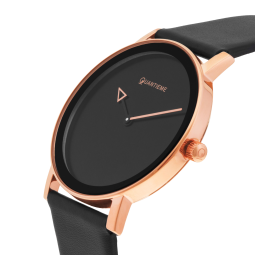 Montre femme, boîte en acier doré rose, bracelet en cuir noir et verre minéral