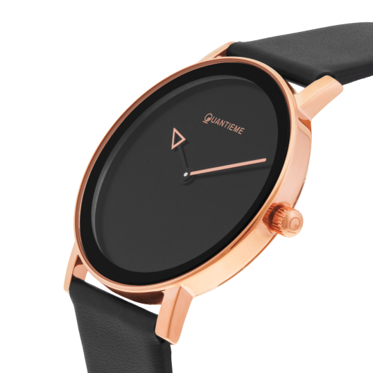 Montre femme, boîte en acier doré rose, bracelet en cuir noir et verre minéral