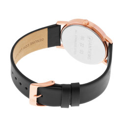 Montre femme, boîte en acier doré rose, bracelet en cuir noir et verre minéral