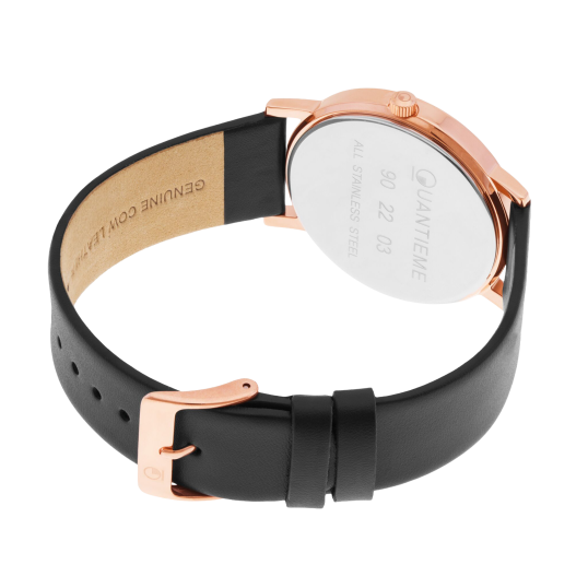 Montre femme, boîte en acier doré rose, bracelet en cuir noir et verre minéral