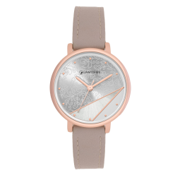 Montre femme, boite en acier rose doré, bracelet en cuir beige et verre minéral
