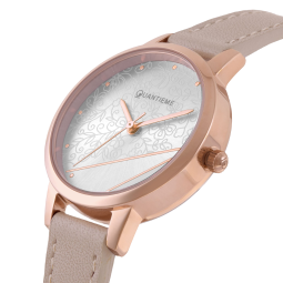 Montre femme, boite en acier rose doré, bracelet en cuir beige et verre minéral