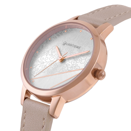 Montre femme, boite en acier rose doré, bracelet en cuir beige et verre minéral