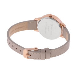 Montre femme, boite en acier rose doré, bracelet en cuir beige et verre minéral