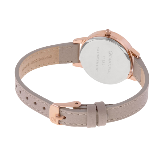 Montre femme, boite en acier rose doré, bracelet en cuir beige et verre minéral