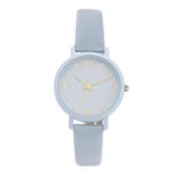 Montre femme, boîte en caoutchouc bleu, bracelet en cuir bleu et verre minéral