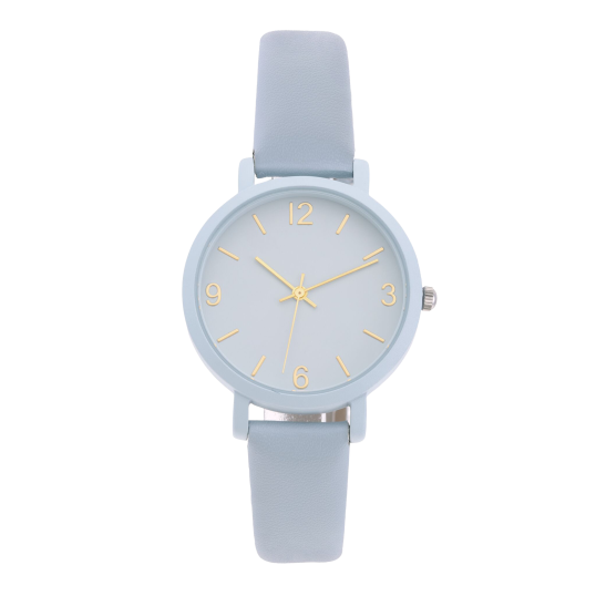 Montre femme, boîte en caoutchouc bleu, bracelet en cuir bleu et verre minéral