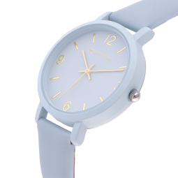 Montre femme, boîte en caoutchouc bleu, bracelet en cuir bleu et verre minéral