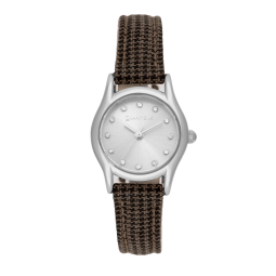 Montre femme, boîte acier et cristaux de synthèse, bracelet tissu et cuir et verre minéral