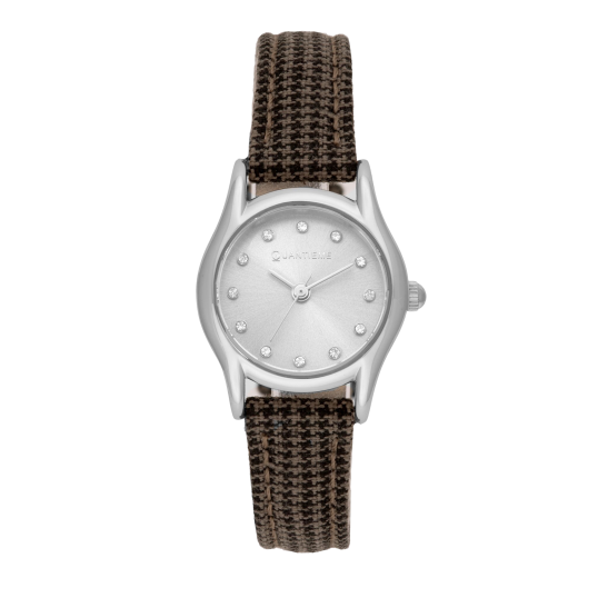 Montre femme, boîte acier et cristaux de synthèse, bracelet tissu et cuir et verre minéral