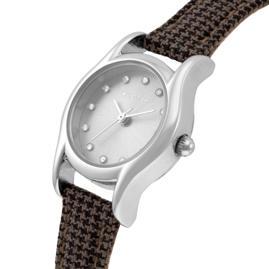 Montre femme, boîte acier et cristaux de synthèse, bracelet tissu et cuir et verre minéral